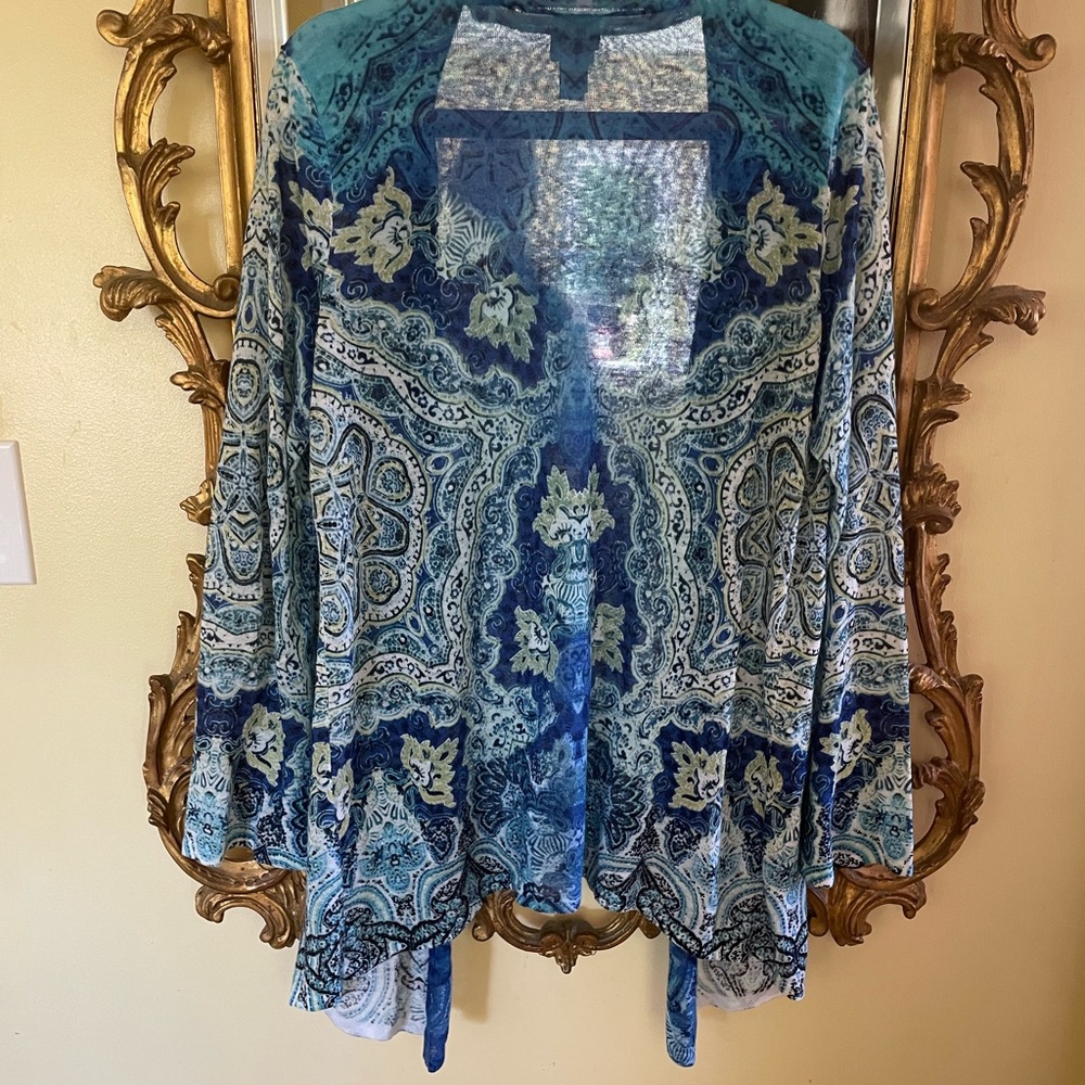 Chicos Blue Sheer Paisley Lace Knit Beachy Cardigan Sweater Medium